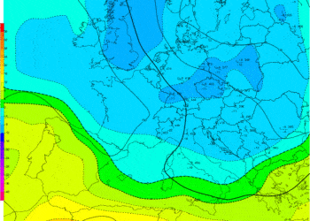 La mappa delle temperature ad 850 hPa mostra una gelida isoterma di -5° avvolgere tutta la Toscana